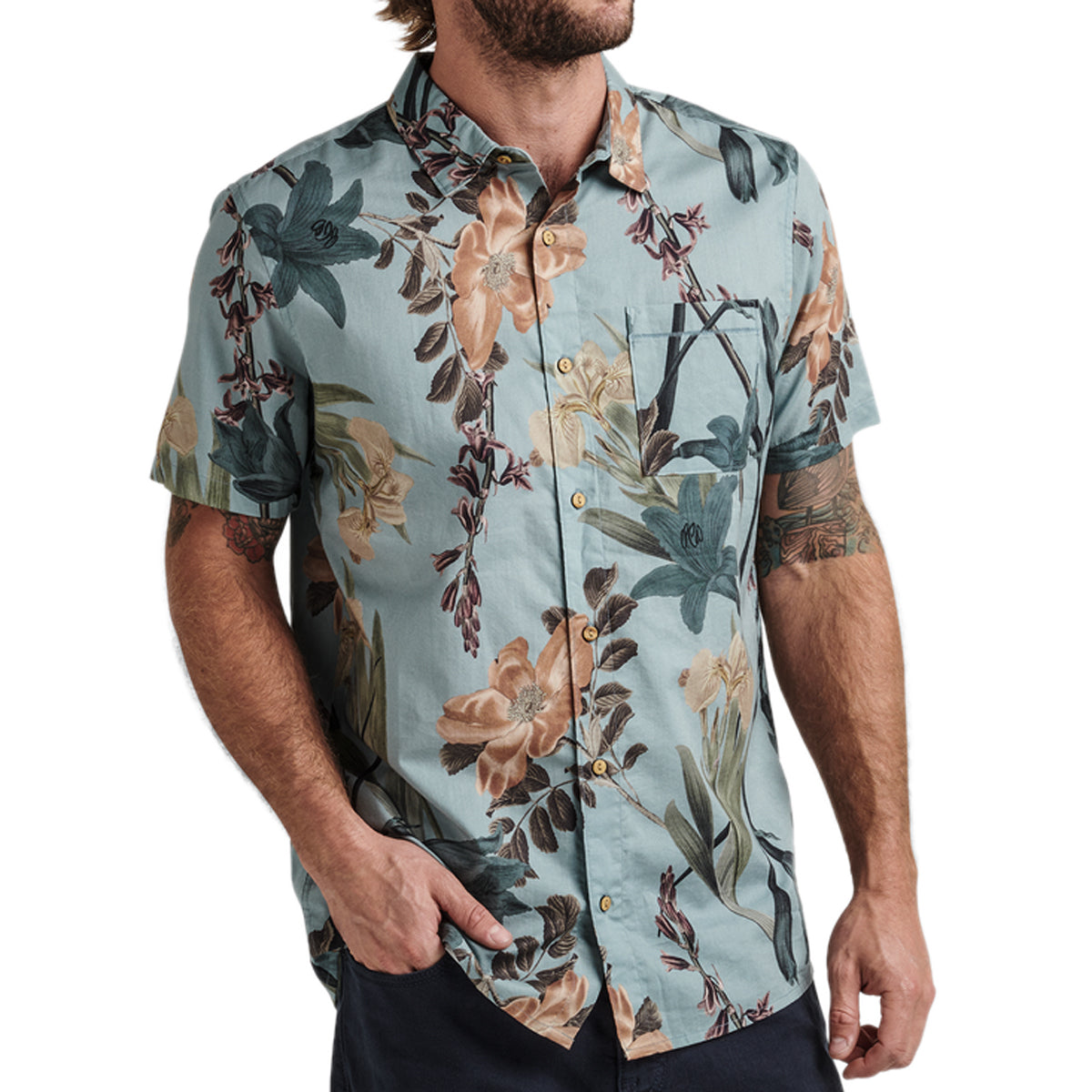 Roark Journey Ss Woven Shirt - Dusty Blue Far East Flora image 1