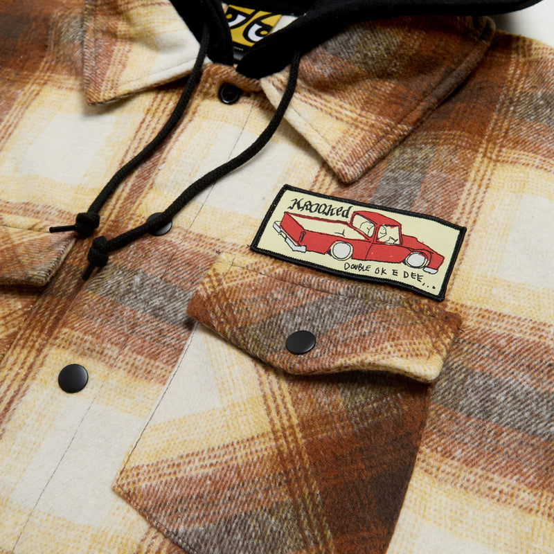 Krooked Double Ok Hooded Long Sleeve Shirt - Brown/Tan Plaid/Multi Color Patch