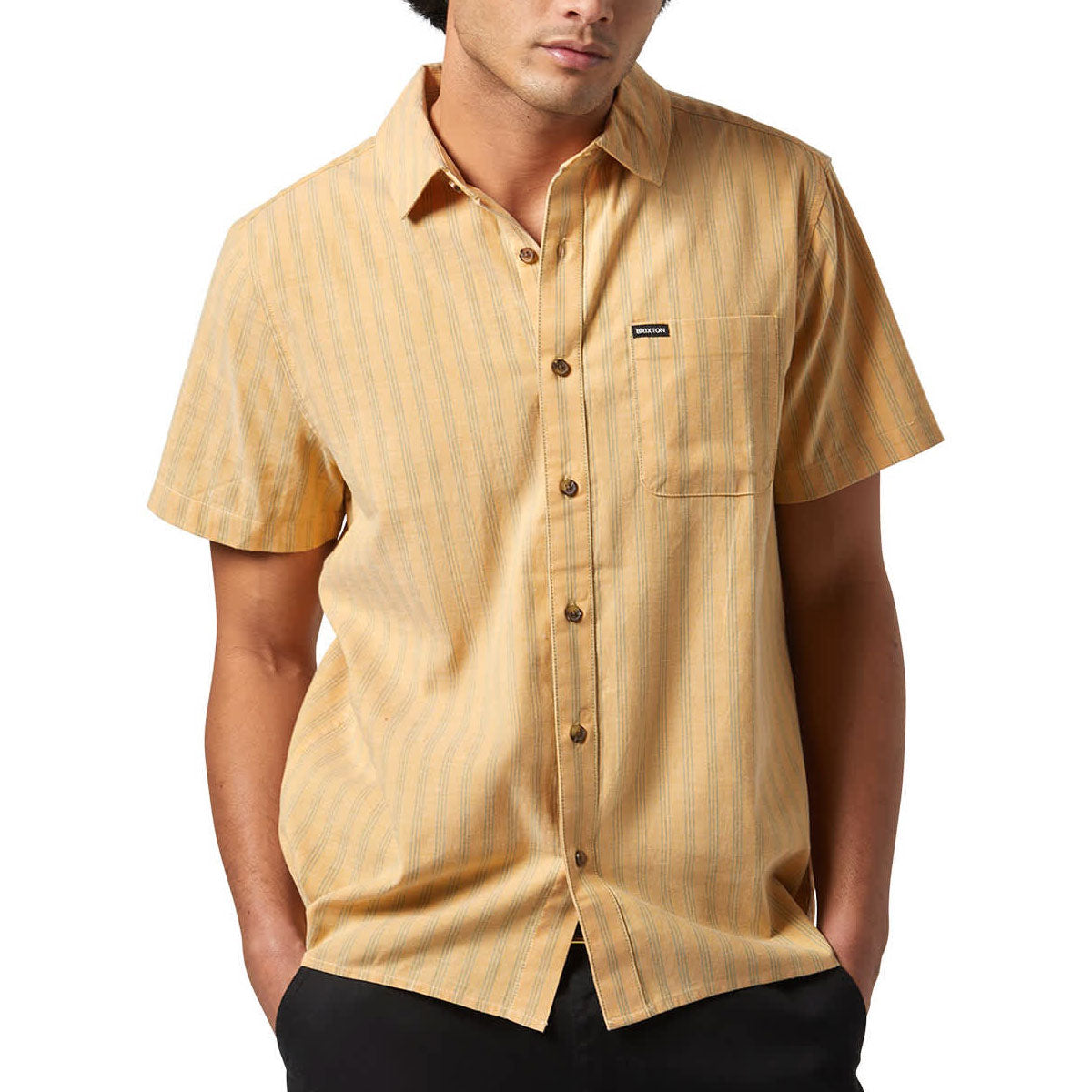 Brixton Cru Oxford Stripe Shirt - Curry/Ivy Green Stripe image 1