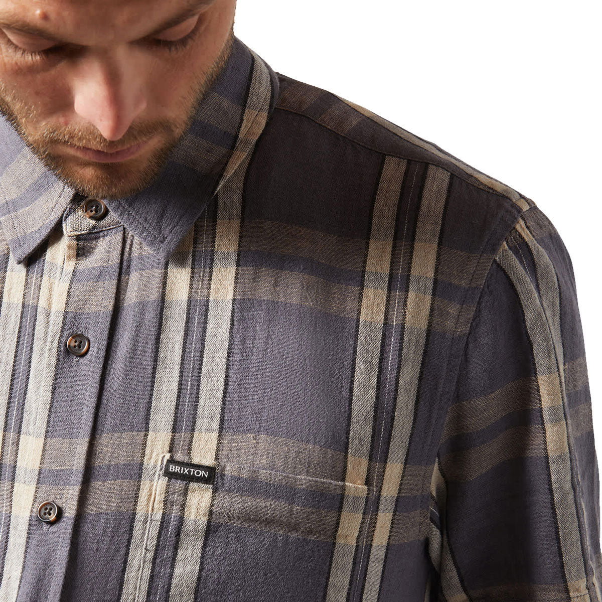 Brixton Charter Linen Blend Shirt - Charcoal/Beige Plaid image 4