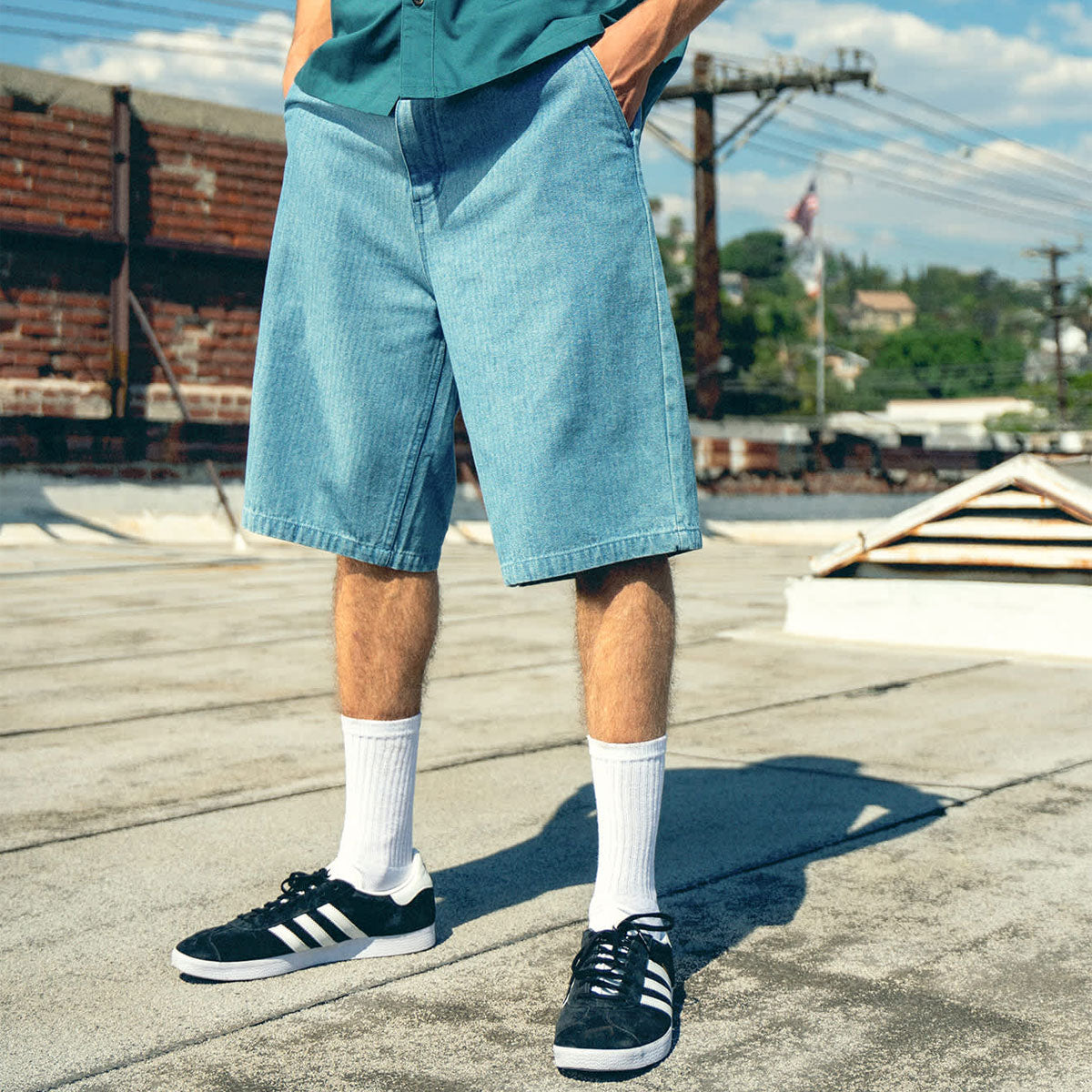 Brixton Choice Chino Baggy Shorts - Light Wash Denim Herringbone image 6