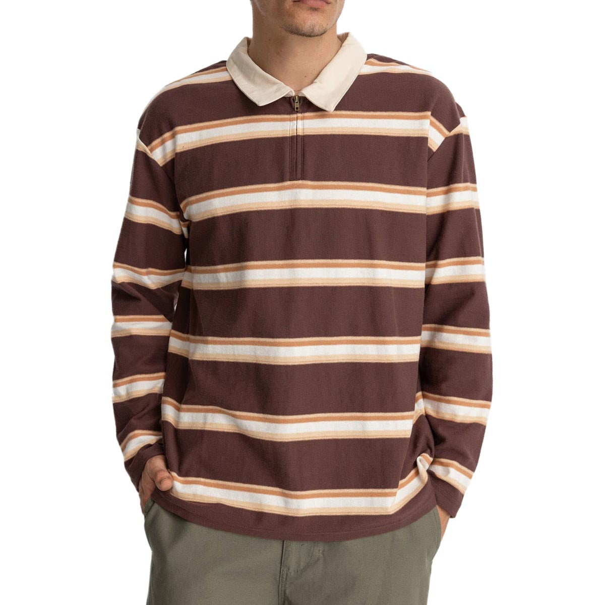 Rhythm Vintage Stripe Polo Long Sleeve Shirt - Chocolate image 1