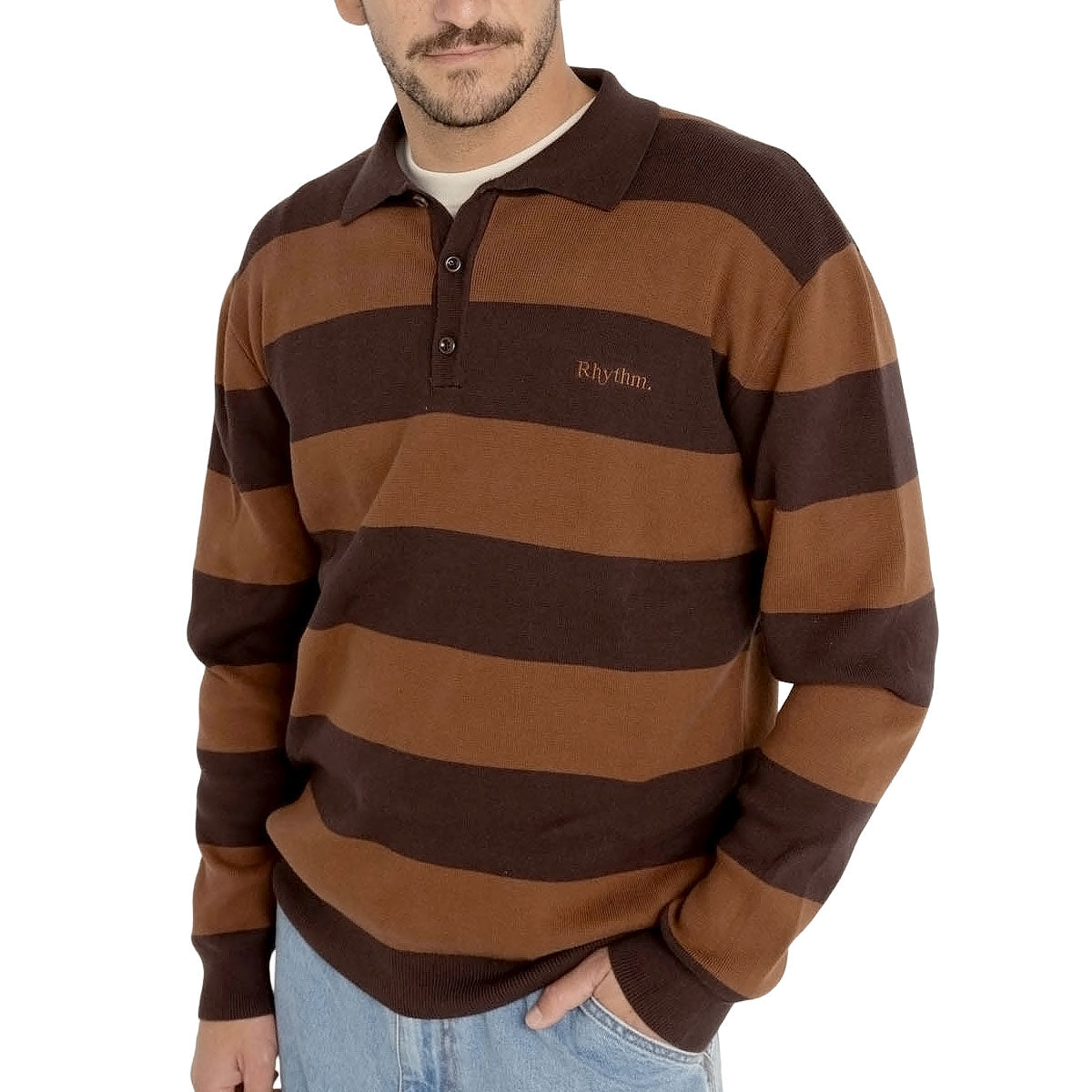 Rhythm Ventura Stripe Knit Long Sleeve Polo Shirt - Café image 2