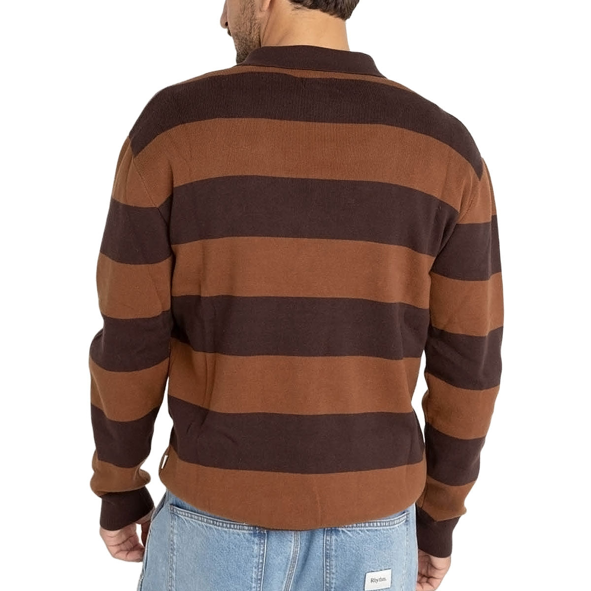 Rhythm Ventura Stripe Knit Long Sleeve Polo Shirt - Café image 3