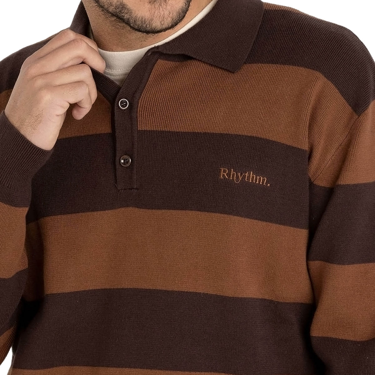 Rhythm Ventura Stripe Knit Long Sleeve Polo Shirt - Café image 4