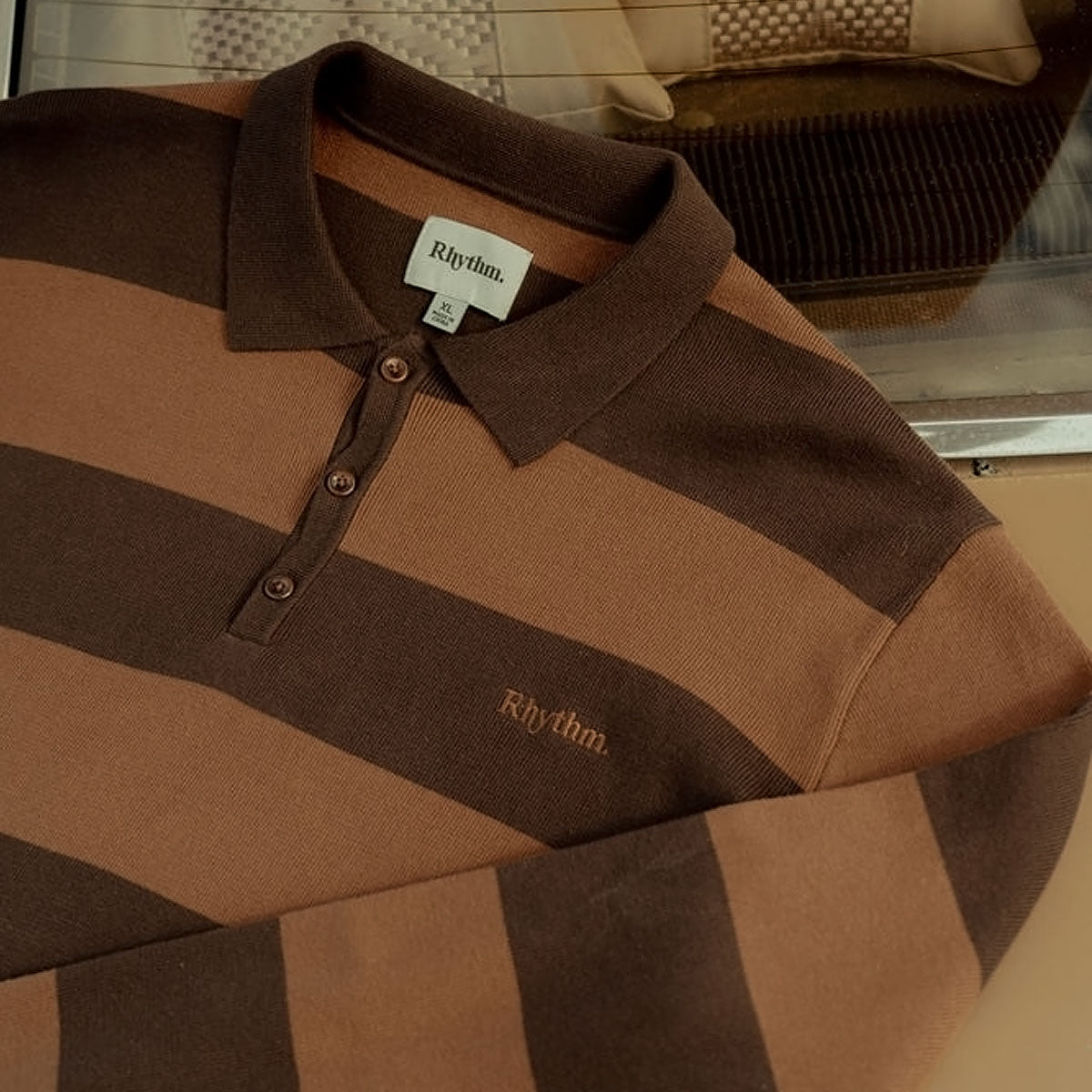 Rhythm Ventura Stripe Knit Long Sleeve Polo Shirt - Café image 5