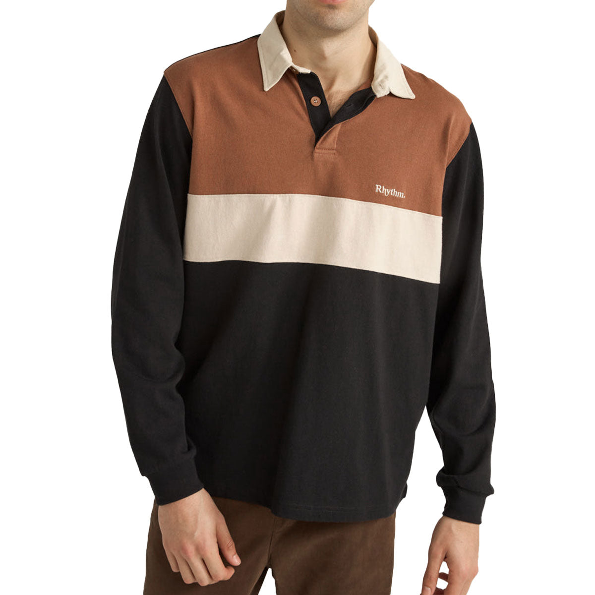 Rhythm Hayes Long Sleeve Rugby Polo Shirt - Black image 1
