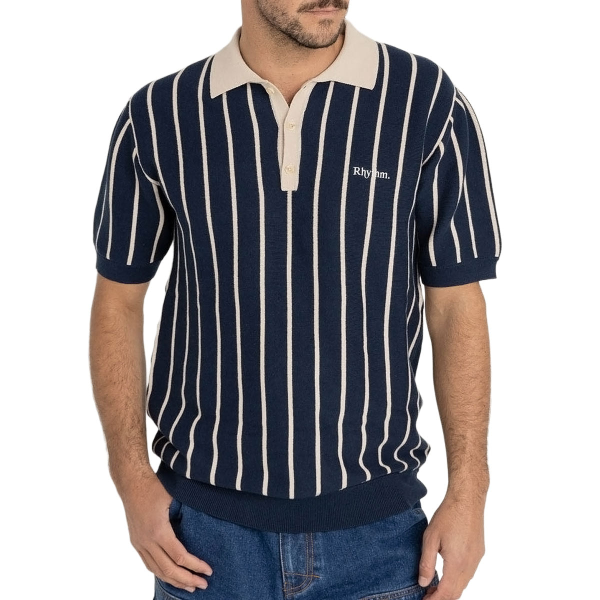 Rhythm Striped Knit Polo Shirt - Navy image 1