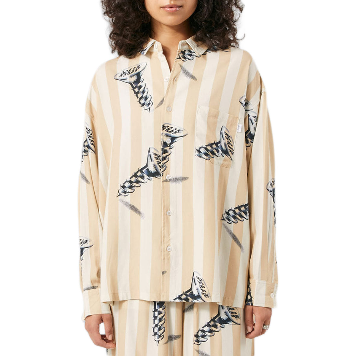 HUF Womens Screw It Woven Long Sleeve Shirt - Stone image 1