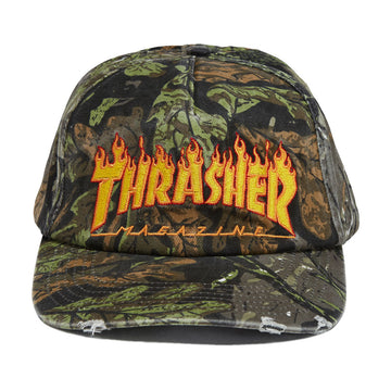 Thrasher Flame Distressed Snapback Hat - Camo