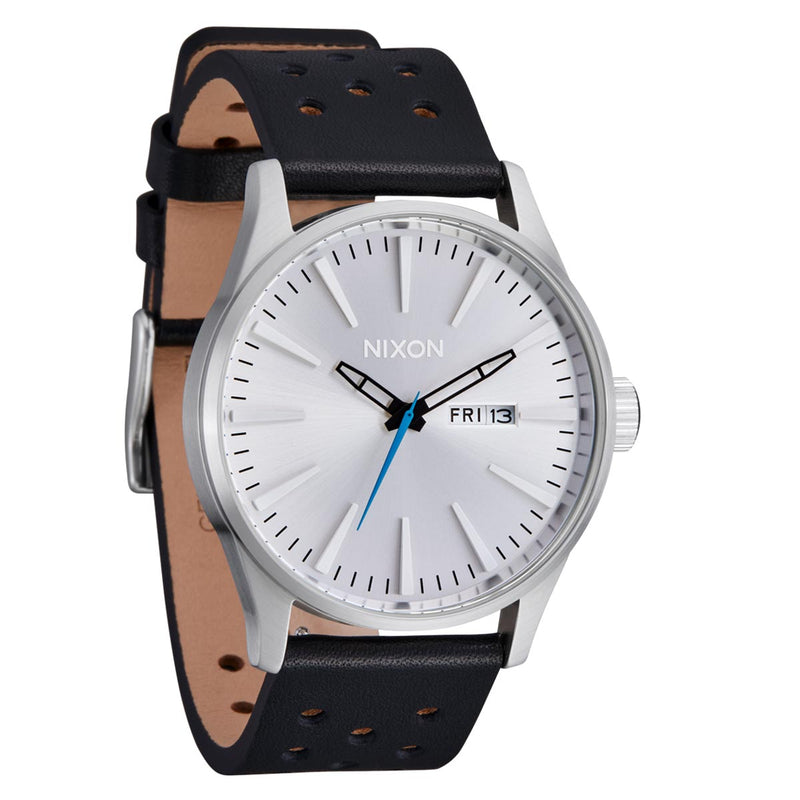 Nixon Sentry Leather Watch - Chrome/Silver Sunray/Black
