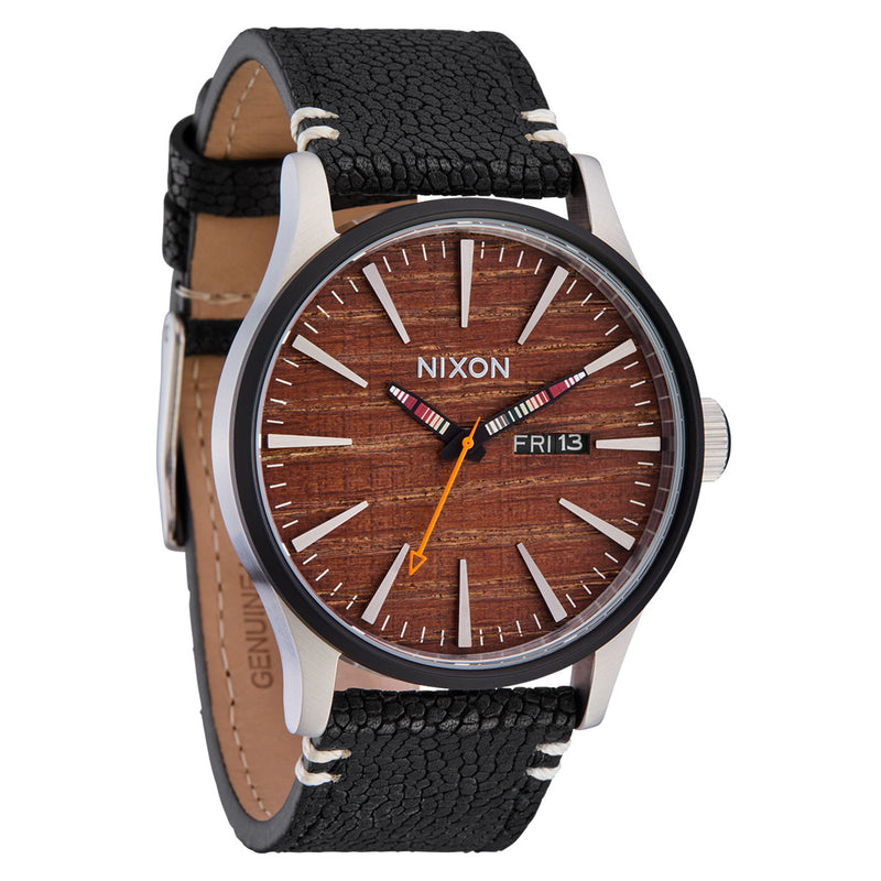 Nixon Sentry Leather Watch - Silver/Rosewood/Black