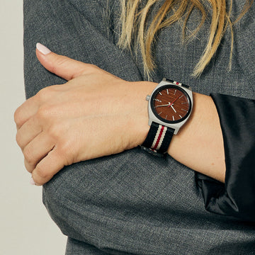 Nixon Time Teller Nylon Watch - Silver/Rosewood/Black Stripe