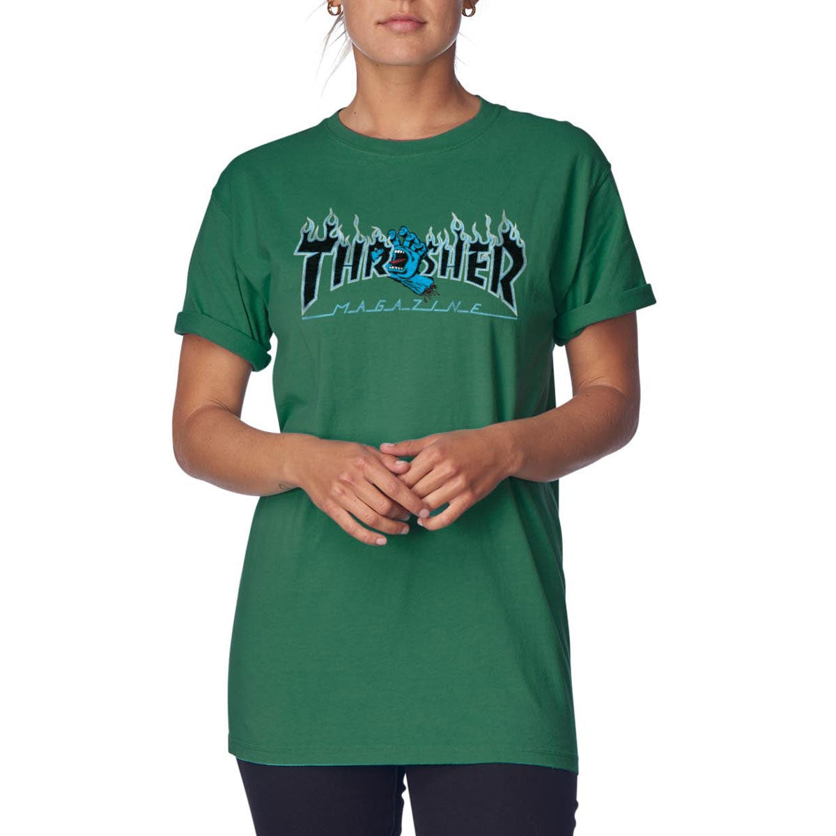 Santa Cruz x Thrasher Womens Screaming Flame Logo Boyfriend T-Shirt - Moss image 1