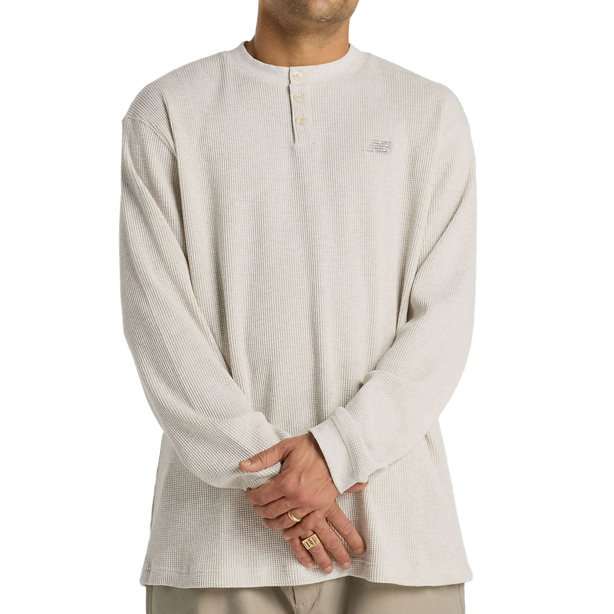 New Balance Numeric Waffle Knit Long Sleeve Henley Shirt - Oatmeal Heather image 1