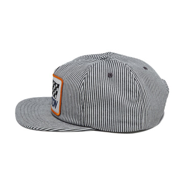 Brixton 76 Finish Line Snapback Hat - Navy/Off White Hickory Stripe