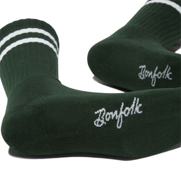 Bonfolk Retro Stripe Crew Socks - Hunter Green/Cloud White