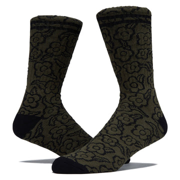 Krooked Multi Flowers Socks - Olive/Black