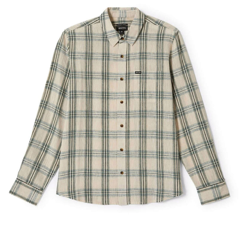 Brixton Charter Linen Blend Long Sleeve Shirt - Off White/Ivy Green Plaid