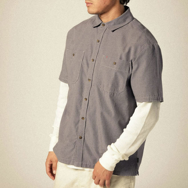 Brixton Cru Micro Plaid Shirt - Washed Navy Micro Plaid