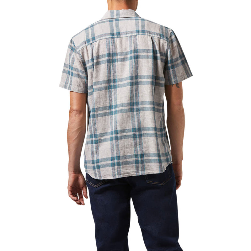 Brixton Charter Linen Blend Shirt - Beige/Azure Blue Plaid