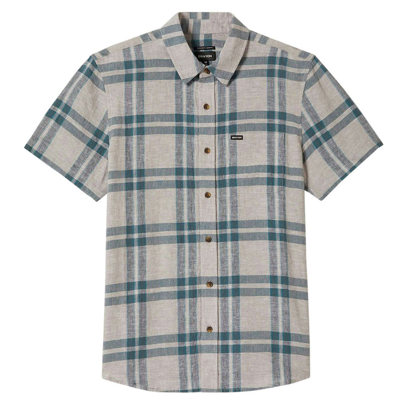 Brixton Charter Linen Blend Shirt - Beige/Azure Blue Plaid