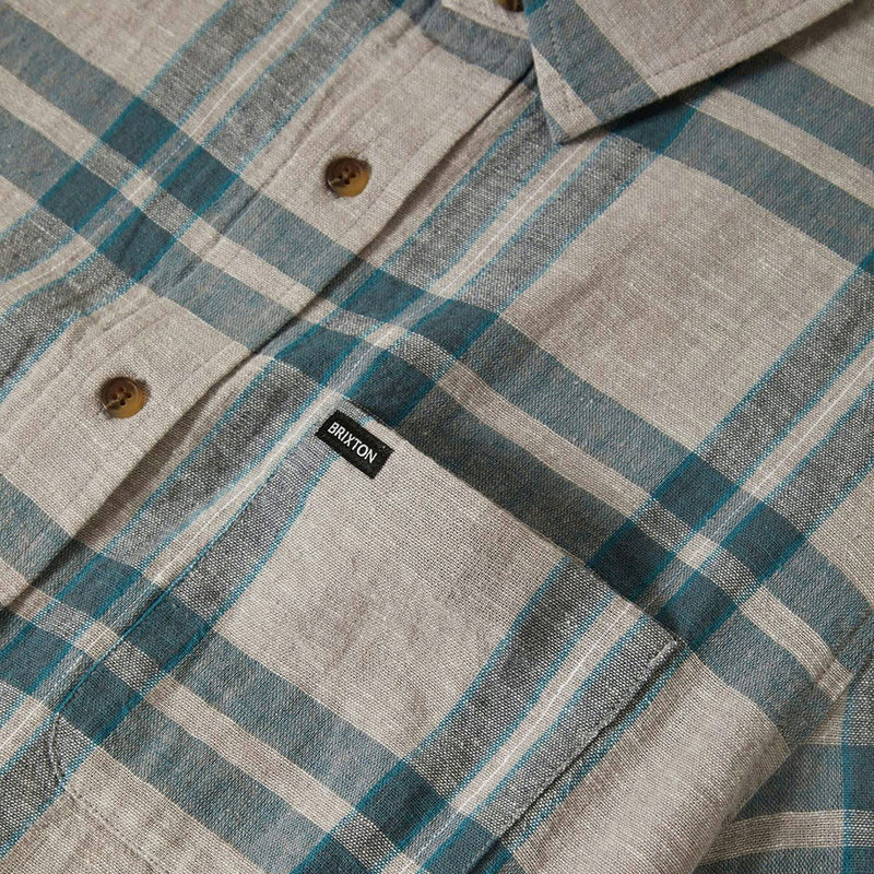 Brixton Charter Linen Blend Shirt - Beige/Azure Blue Plaid