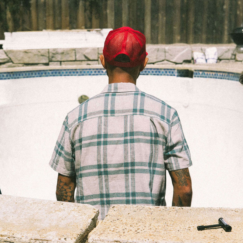 Brixton Charter Linen Blend Shirt - Beige/Azure Blue Plaid