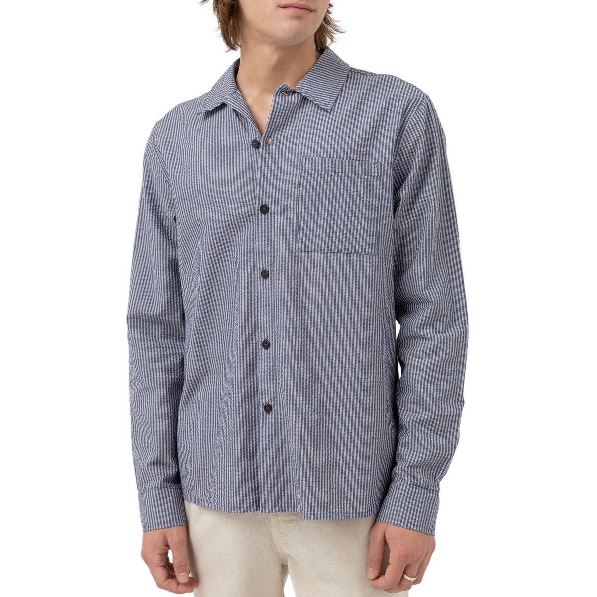 Rhythm Striped Seersucker Long Sleeve Shirt - Indigo image 1