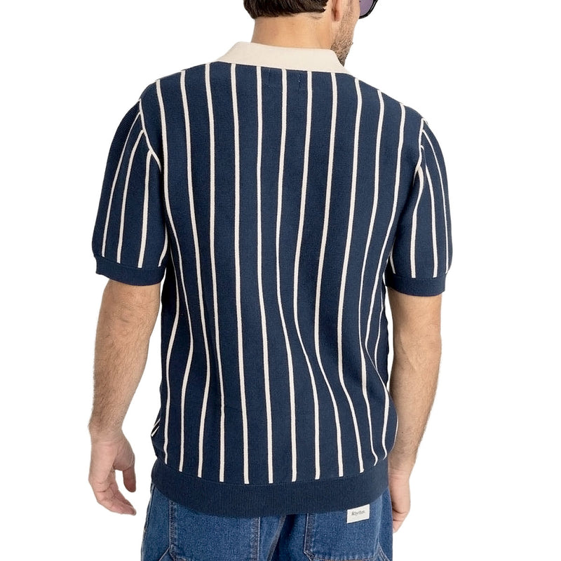 Rhythm Striped Knit Polo Shirt - Navy