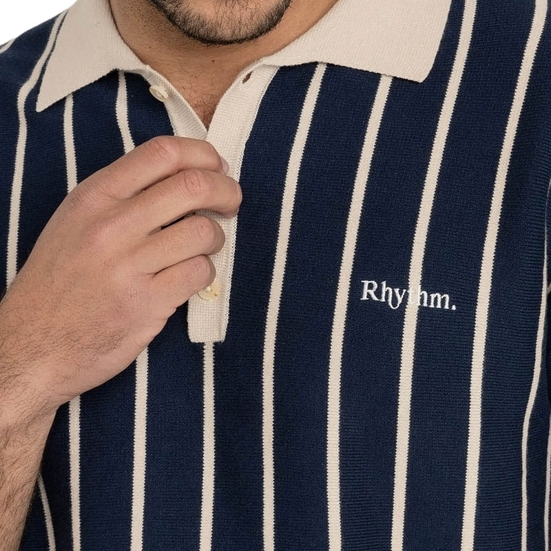 Rhythm Striped Knit Polo Shirt - Navy