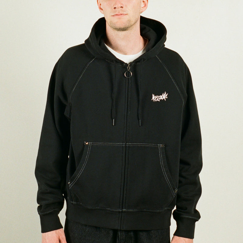 Welcome Vamp Cropped Studded Zip Hoodie - Black