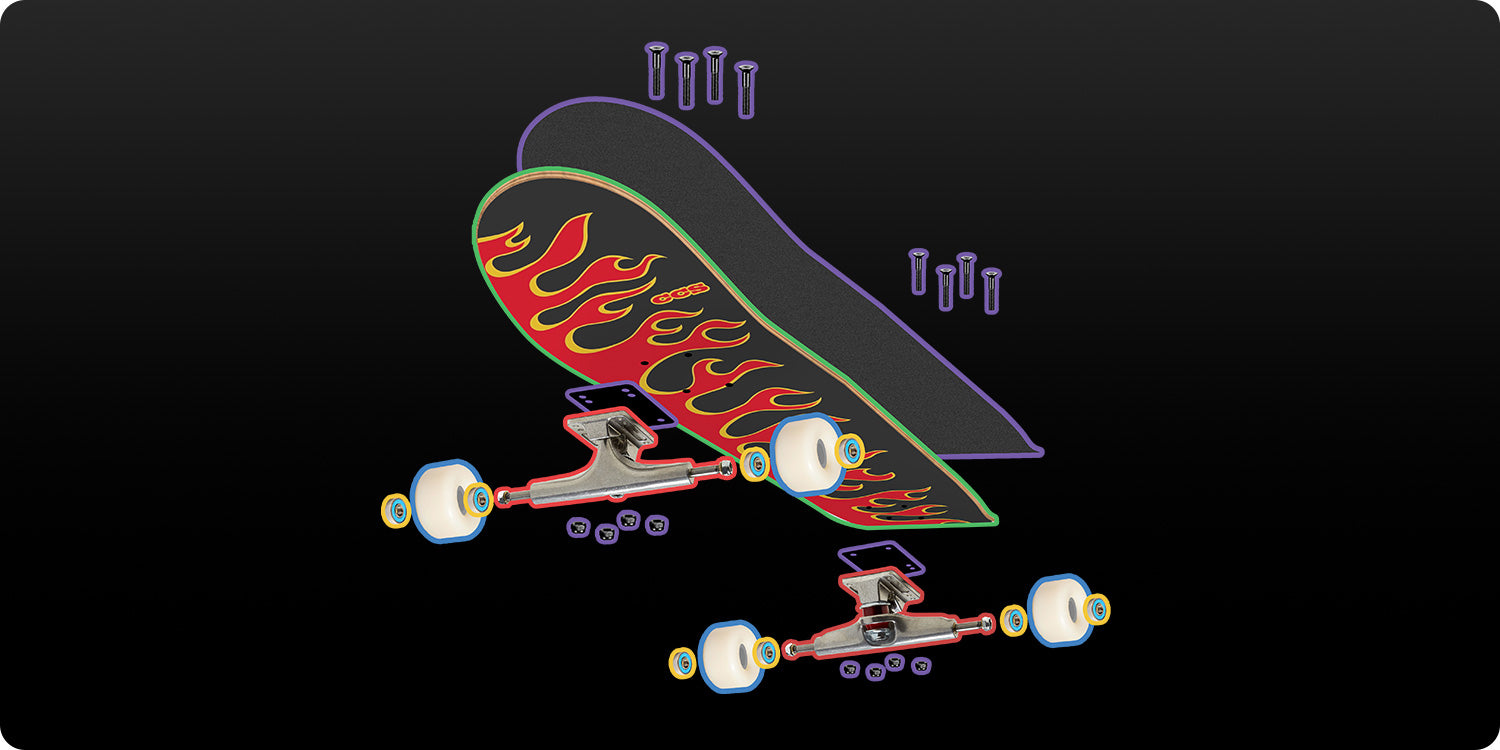 Skateboard with flame design on a black background. his also shows each component of a skateboard clearly separated to represent the multiple parts needed for a complete skateboard. 