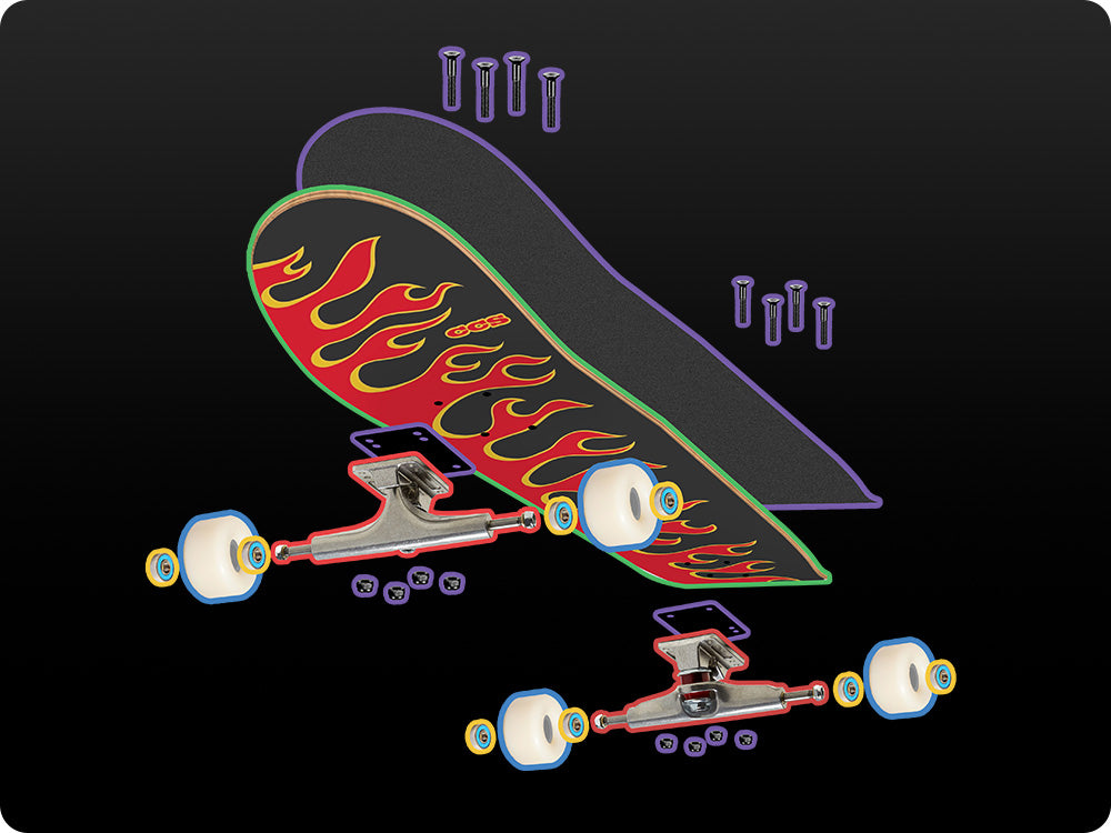 Skateboard with flame design on a black background. his also shows each component of a skateboard clearly separated to represent the multiple parts needed for a complete skateboard. 