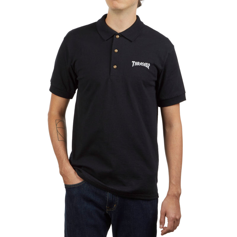 Thrasher Logo Embroidered Polo Shirt - Black
